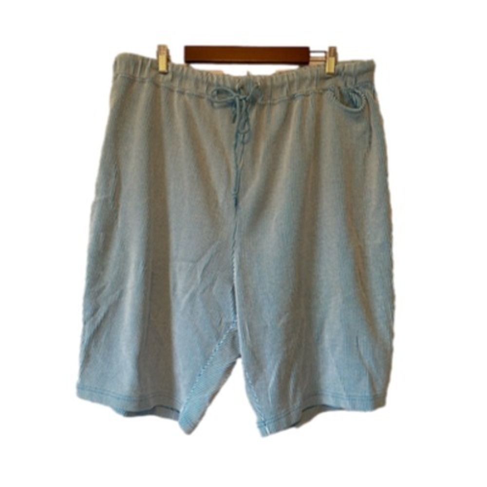 All American Comfort Elastic Waist Casual Ribbed Teal White Stripe Shorts 3X